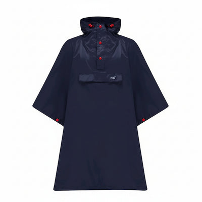 A dark navy blue hooded rain poncho with red button accents and a small white brand label on the chest, displayed against a solid white background.