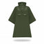 An olive green hooded rain poncho with a buttoned collar and a horizontal chest flap featuring a small white 'MUG' logo, shown against a plain white background.