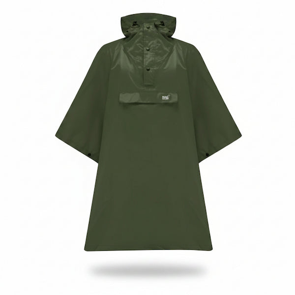 An olive green hooded rain poncho with a buttoned collar and a horizontal chest flap featuring a small white 'MUG' logo, shown against a plain white background.