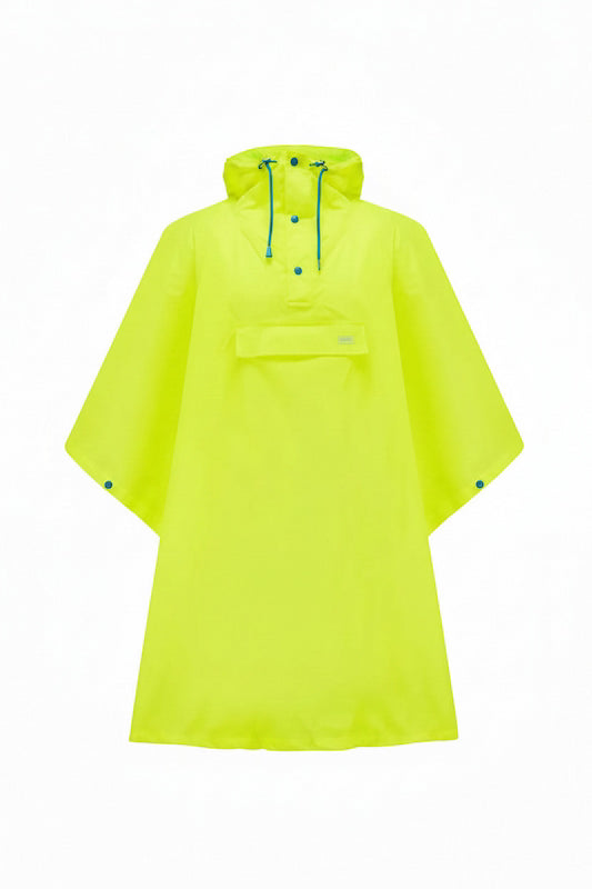 A bright neon yellow-green hooded rain poncho with a half-placket snap closure and drawstrings, displayed on a clean white background.