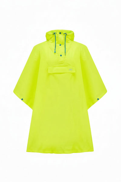 A bright neon yellow-green hooded rain poncho with a half-placket snap closure and drawstrings, displayed on a clean white background.