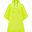 A bright neon yellow-green hooded rain poncho with blue drawstrings and snap closures, displayed flat against a solid white background.