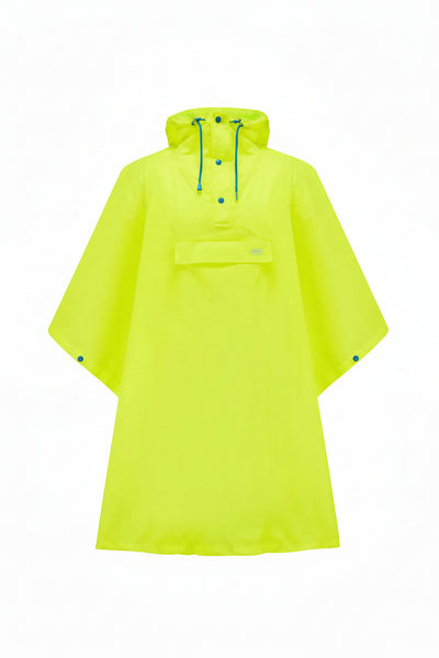A bright neon yellow-green hooded rain poncho with blue drawstrings and snap closures, displayed flat against a solid white background.