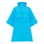 A bright turquoise blue hooded rain poncho with a front button closure and a chest strap detail, shown against a plain white background.