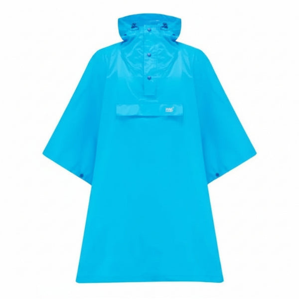 A bright turquoise blue hooded rain poncho with a front button closure and a chest strap detail, shown against a plain white background.