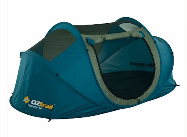 Blue camping tent with gray accents and OZtrail logo on a white background