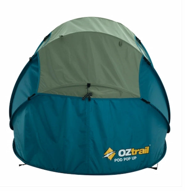 Blue and green pop-up tent with Oztrail logo on a white background