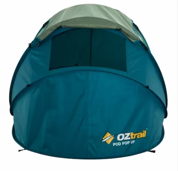 Blue pop-up tent with green roof on a white background, featuring the OZtrail brand.