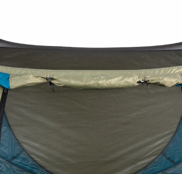 Close-up of a tent flap with zipper on a white background