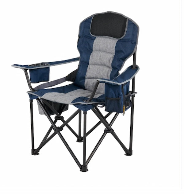 Blue and gray camping chair with armrests on a white background