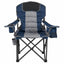 Foldable camping chair with blue and gray cushion on a white background