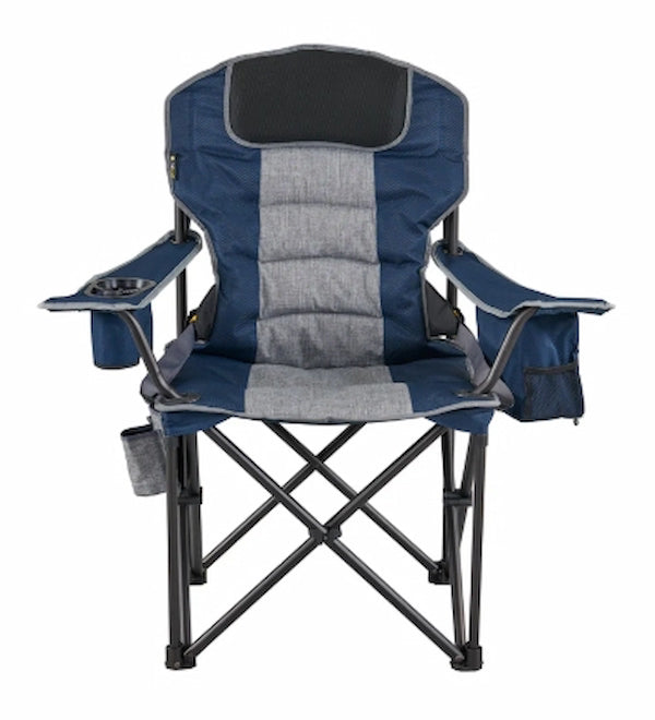 Foldable camping chair with blue and gray cushion on a white background