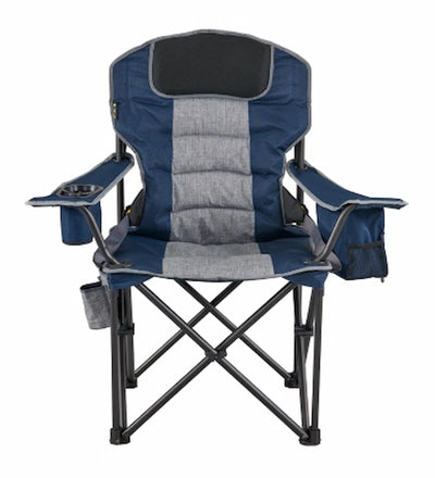 Foldable camping chair with blue and gray cushion on a white background