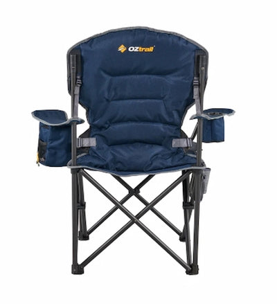 Blue camping chair with cup holders and Oztrail logo on a white background