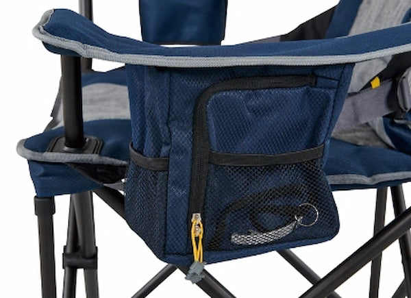 Blue mesh cooler bag attached to a chair with a white background