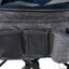 Gray fabric organizer with multiple pockets attached to a chair.