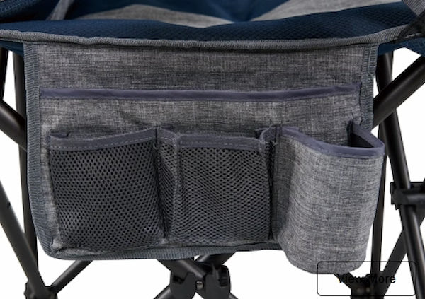 Gray fabric organizer with multiple pockets attached to a chair.