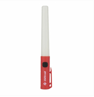 Red and white flashlight with Oztrail branding on a white background