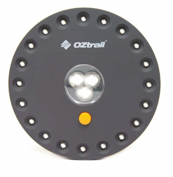 OZtrail camping plate with three white stones and a yellow dot on a white background