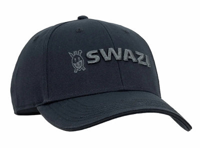 Black cap with 'SWAZI' logo on a white background