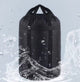 A black sleeping bag compression sack with a pull cord top, depicted with water splashing around it to illustrate its waterproof feature.