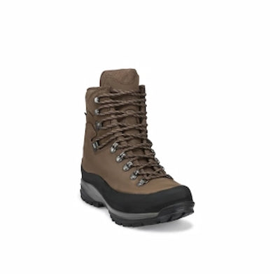 Brown hiking boot with black sole on a white background