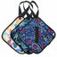 Three colorful patterned bags with straps on a white background
