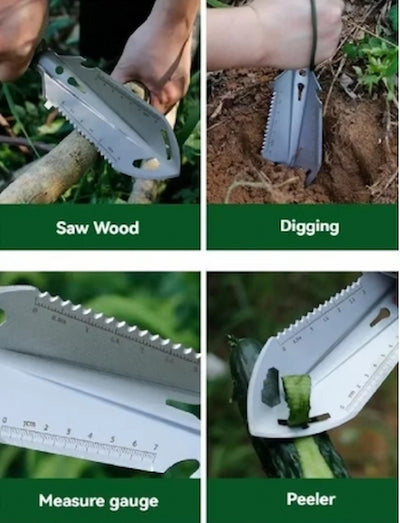 Multitool being used for sawing wood, digging, measuring, and peeling tasks.