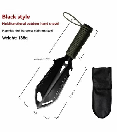 Multifunctional outdoor hand shovel with black handle and blade, shown with measurements and weight on a white background.