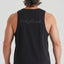 Person wearing a black tank top with 'Ridgeline' branding on the back against a white background