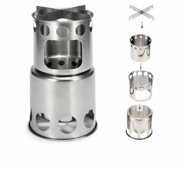 Stainless steel camping stove with disassembled parts on a white background