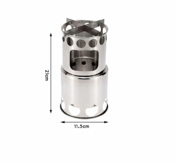 Stainless steel camping stove with dimensions on a white background