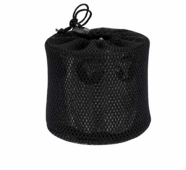 Black mesh drawstring bag on a white background