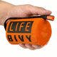 Orange 'LIFE BIVY' bag held in a hand against a white background