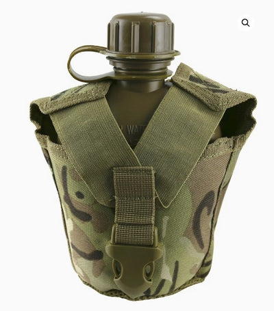 Green canteen in a camouflage pouch on a white background