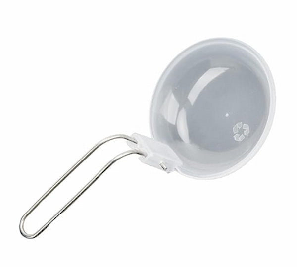 Gray ladle with a white handle on a white background