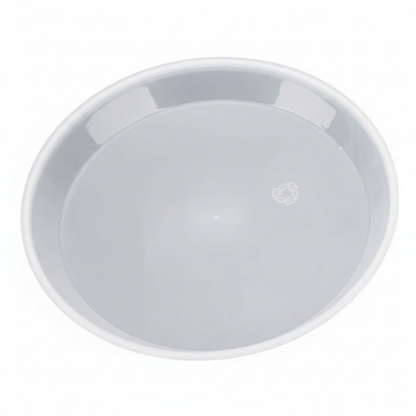 A round, shallow white plastic bowl or dish shown from a top-down perspective on a clean white background.