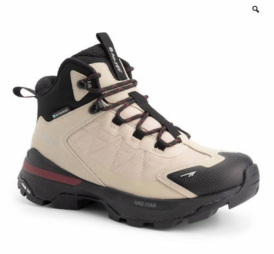 Beige and black hiking boot with brand logo on a white background