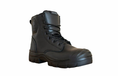 A black leather lace-up work boot with a thick black sole, shown from a three-quarters angle on a plain white background.