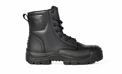A black leather lace-up ankle boot with a protective toe cap and rugged sole, shown from a side profile on a white background.