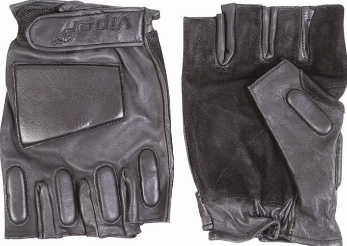 Pair of black leather gloves with cut-out design on a white background