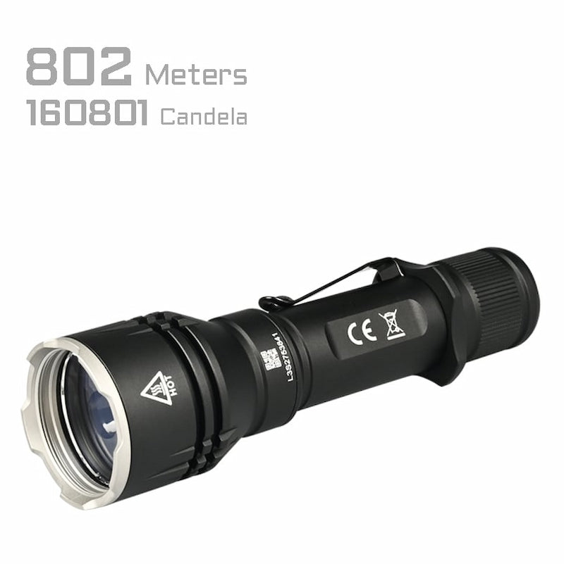 Black flashlight with specifications on a white background