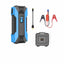 Blue and black jump starter with clamps on a white background