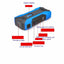 Blue and black jump starter with labeled features on a white background