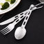 Set of silver cutlery with a carabiner on a black surface