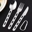 Stainless steel cutlery set with a carabiner on a black background
