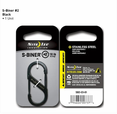 Nite Ize S-Biner #2 black carabiner packaging on a white background