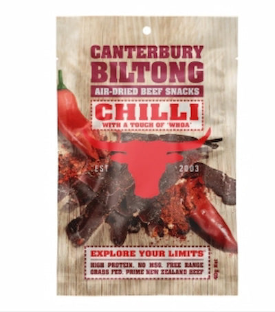 Canterbury Biltong Chilli air-dried beef snack packaging with red text and graphics.