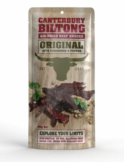 Canterbury Biltong air-dried beef snack package on a white background