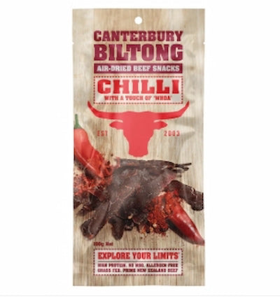 Canterbury Biltong Chilli air-dried beef snack package on a white background
